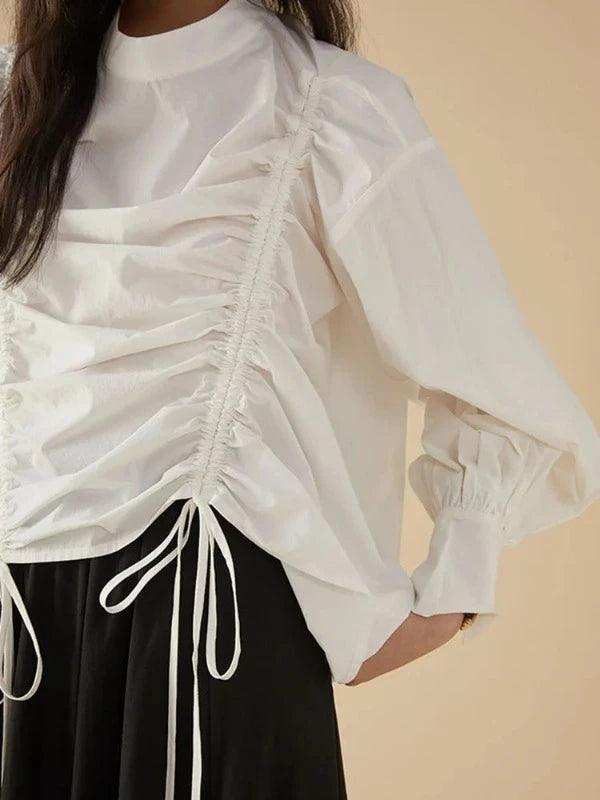 Puff Sleeve Irregular Length Drawstring Top Blouse - SHExFAB