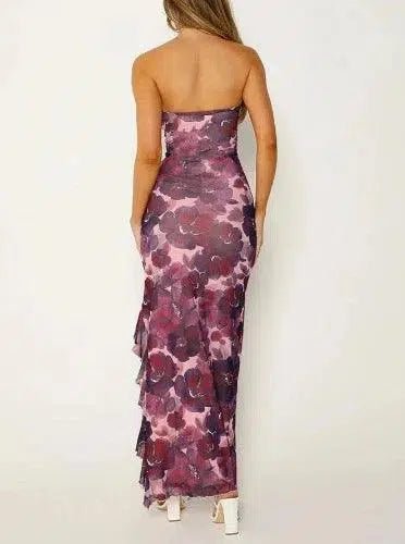 Purple Floral Off Shoulder Maxi Dress - SHExFAB