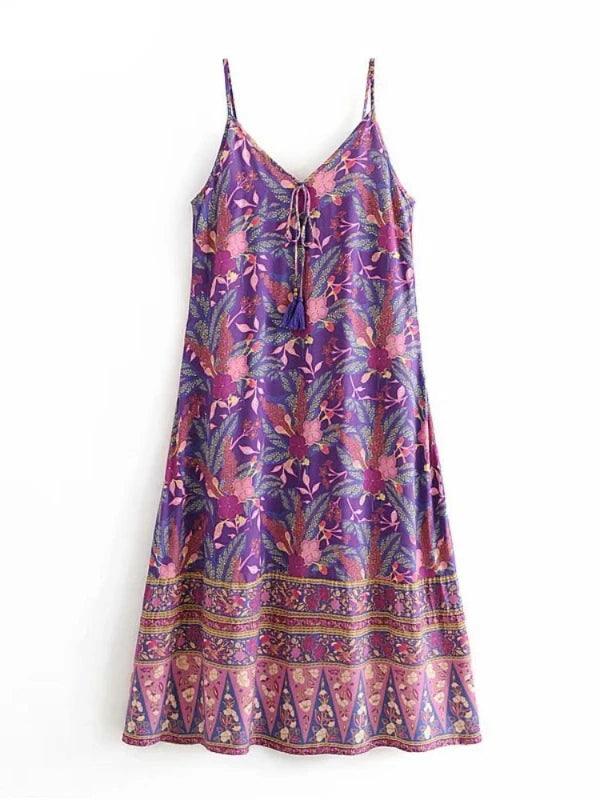 Purple Spaghetti Strap Boho Floral Maxi Dresses - SHExFAB