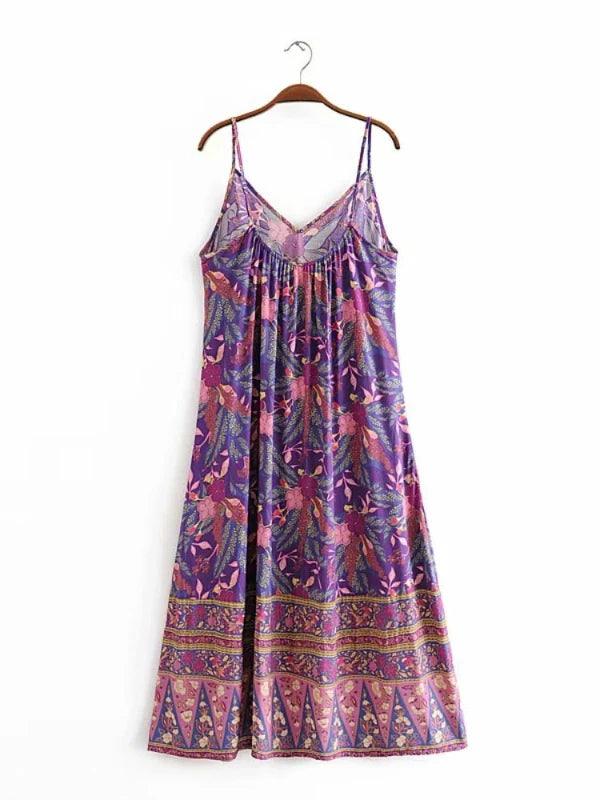 Purple Spaghetti Strap Boho Floral Maxi Dresses - SHExFAB