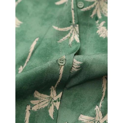 Quarter Sleeve Button - Down Long Green Floral Dress - SHExFAB