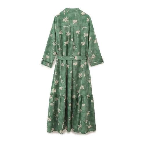 Quarter Sleeve Button - Down Long Green Floral Dress - SHExFAB