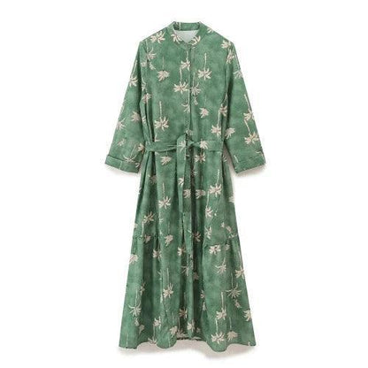 Quarter Sleeve Button - Down Long Green Floral Dress - SHExFAB