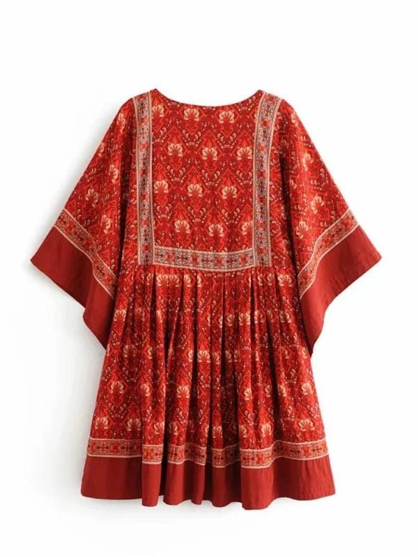 Red Batwing Sleeve Floral Boho Mini Dress - SHExFAB