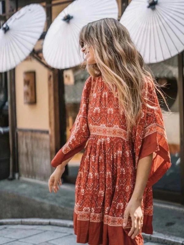 Red Batwing Sleeve Floral Boho Mini Dress - SHExFAB