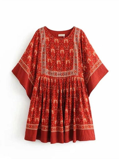 Red Batwing Sleeve Floral Boho Mini Dress - SHExFAB