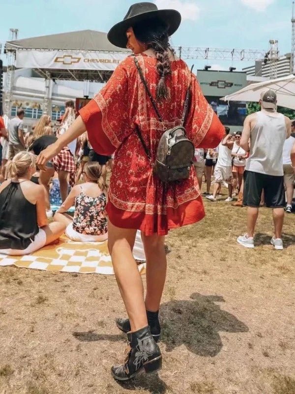 Red Batwing Sleeve Floral Boho Mini Dress - SHExFAB