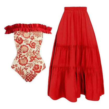 Red Floral Off Shoulder Swimsuit with Skirt - SHExFAB