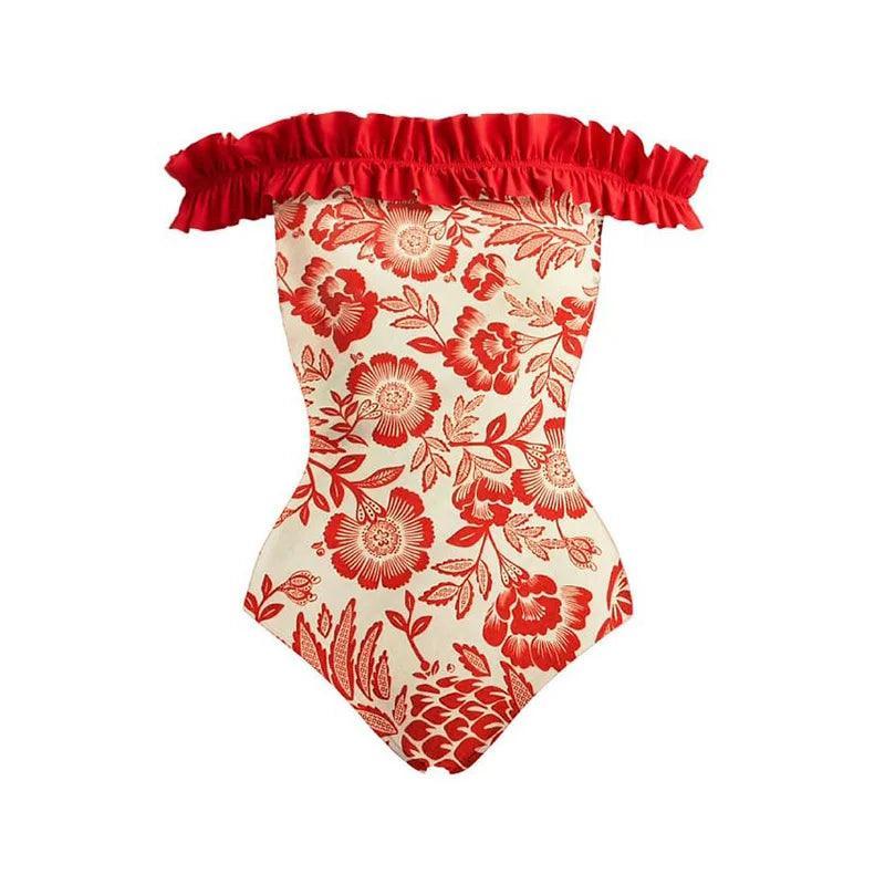 Red Floral Off Shoulder Swimsuit with Skirt - SHExFAB