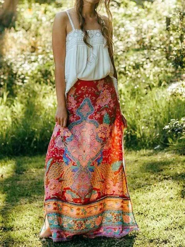 Red Floral Peacock Maxi Split Floral Skirt - SHExFAB