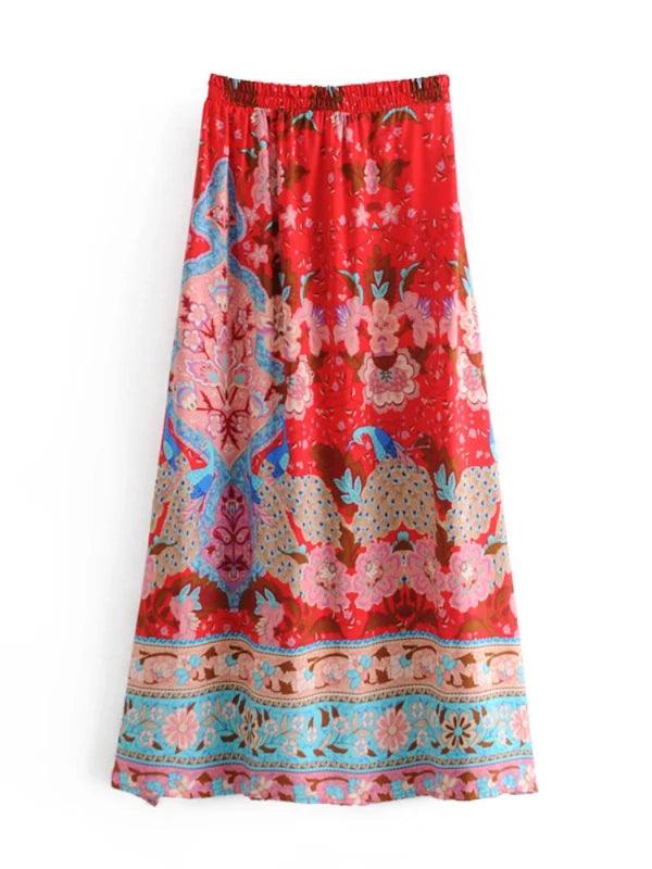 Red Floral Peacock Maxi Split Floral Skirt - SHExFAB