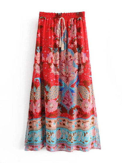 Red Floral Peacock Maxi Split Floral Skirt - SHExFAB