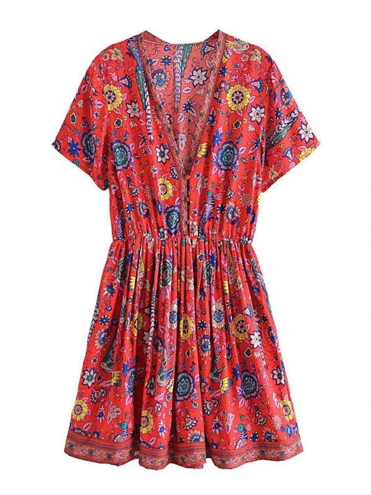 Red Floral Peacock Short Sleeve Summer Mini Dress - SHExFAB