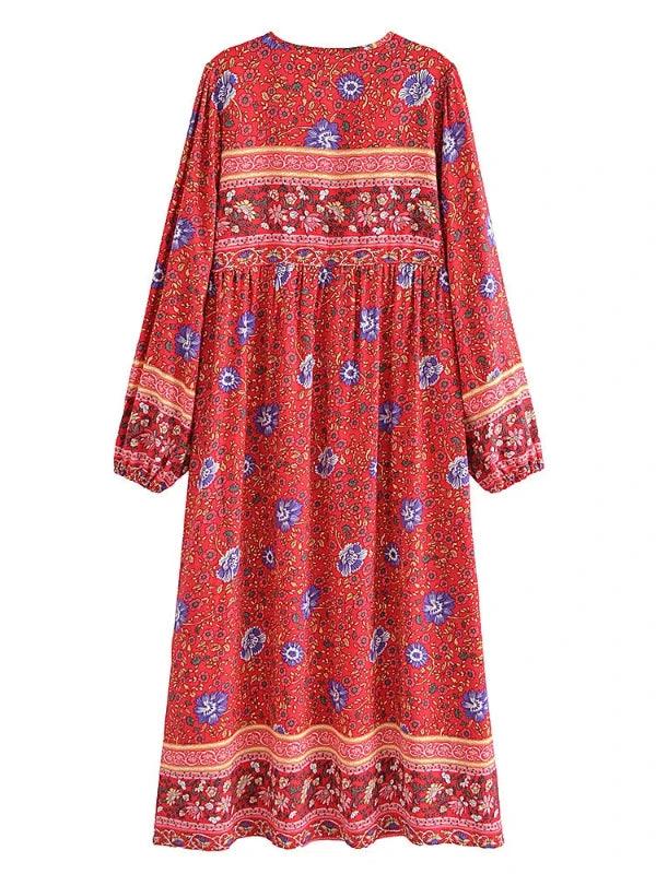 Red Floral Pullover Long Ethnic Maxi Dress - SHExFAB