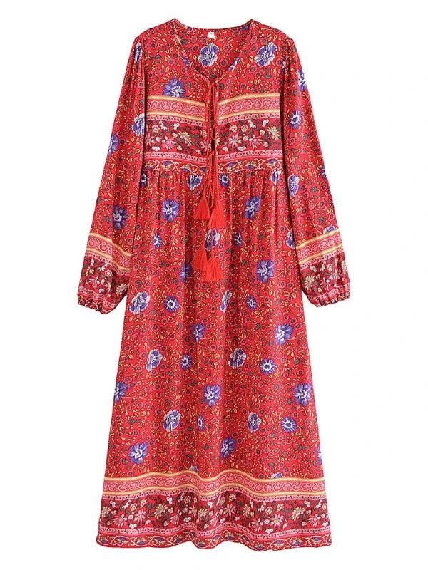 Red Floral Pullover Long Ethnic Maxi Dress - SHExFAB