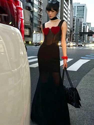 Red Heart Long Black Sheer Dress - SHExFAB