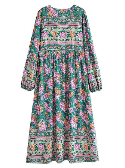 Relaxed Fit Floral Boho Maxi Dress with Sleeves - SHExFAB