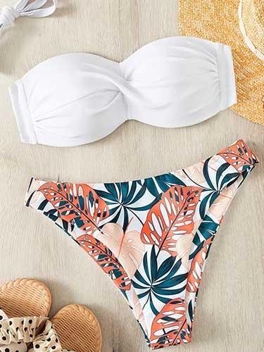 Removable Straps Floral Bandeau Two Piece Bathing Suit - SHExFAB