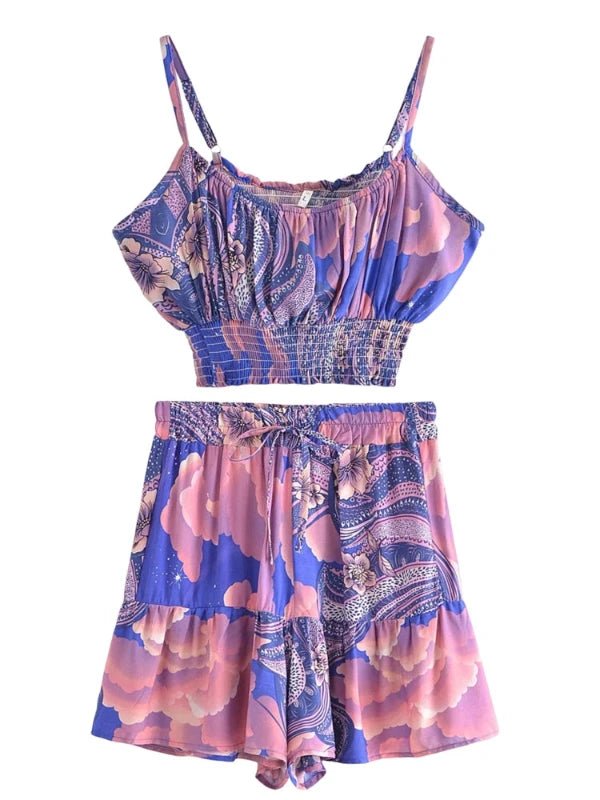 Retro Floral Print Two Piece Mini Skirt and Top Set - SHExFAB