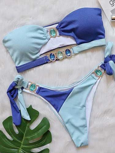 Rhinestone Cutout Patchwork Two Piece Bikini Set - SHExFAB