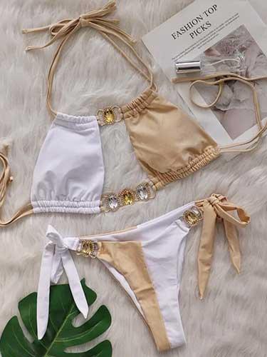 Rhinestone Patchwork Cutout Bikini Swimsuit Set - SHExFAB