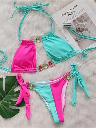 Rhinestone Patchwork Cutout Bikini Swimsuit Set - SHExFAB