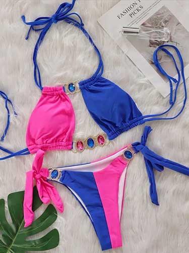 Rhinestone Patchwork Cutout Bikini Swimsuit Set - SHExFAB