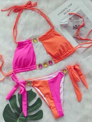 Rhinestone Patchwork Cutout Bikini Swimsuit Set - SHExFAB