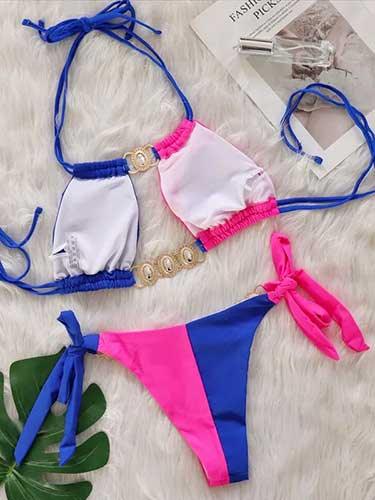 Rhinestone Patchwork Cutout Bikini Swimsuit Set - SHExFAB