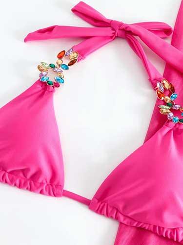 Rhinestone Tie Up Triangle Bikini Set with Cover - Up - SHExFAB