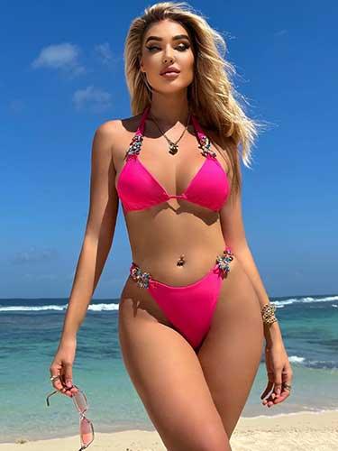 Rhinestone Tie Up Triangle Bikini Set with Cover - Up - SHExFAB