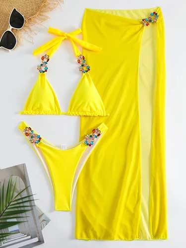 Rhinestone Tie Up Triangle Bikini Set with Cover - Up - SHExFAB