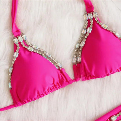 Rhinestone Tie - Up Two - Piece Triangle Bathing Suits - SHExFAB