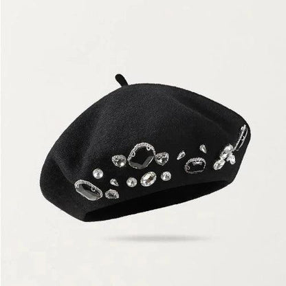 Rhinestone Wool Artist Beret Hat - SHExFAB