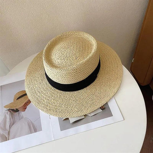 Ribbon Flat Top Wide Brim Beach Hat - SHExFAB