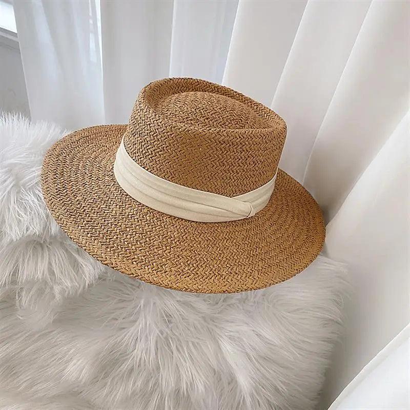 Ribbon Flat Top Wide Brim Beach Hat - SHExFAB