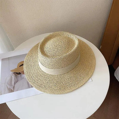 Ribbon Flat Top Wide Brim Beach Hat - SHExFAB