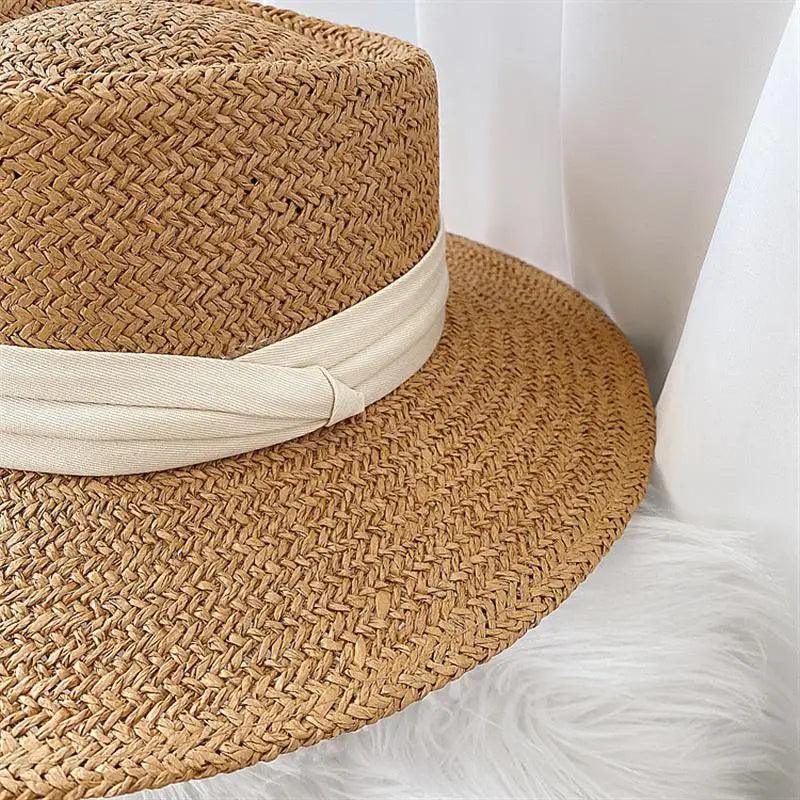 Ribbon Flat Top Wide Brim Beach Hat - SHExFAB