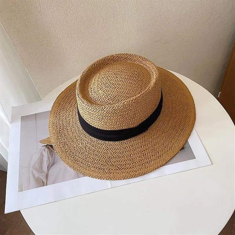 Ribbon Flat Top Wide Brim Beach Hat - SHExFAB