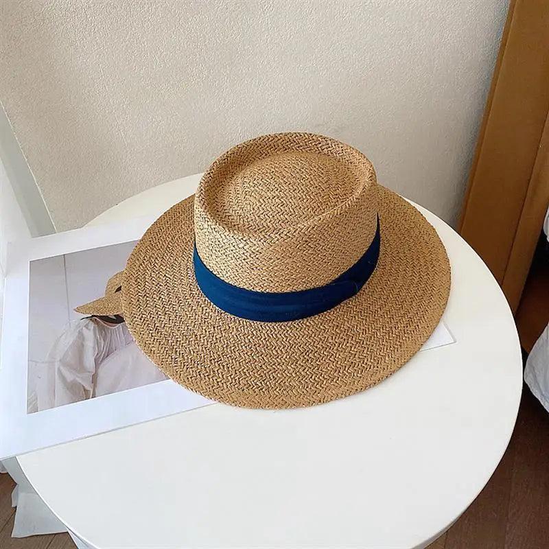 Ribbon Flat Top Wide Brim Beach Hat - SHExFAB