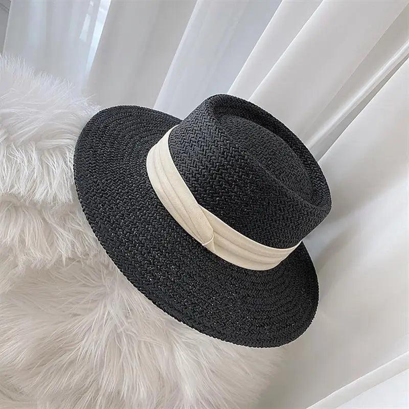 Ribbon Flat Top Wide Brim Beach Hat - SHExFAB