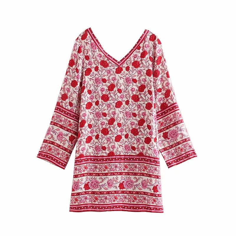 Rose Flower Print Long Sleeve Short Boho Dress - SHExFAB