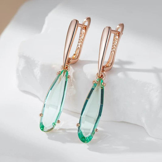 Rose Gold Color Green Stone Teardrop Earrings - SHExFAB