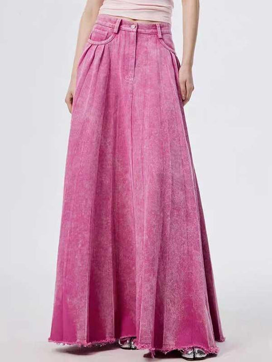 Rose Pink Washed A - Line Floor - Length Denim Skirt - SHExFAB