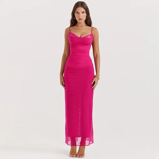 Rose Red Mesh Bodycon Maxi Camisole Dress - SHExFAB