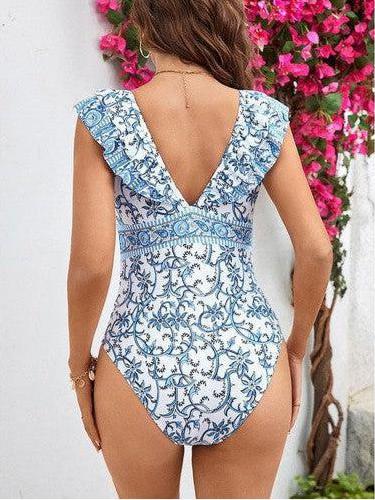 Ruffle Blue Floral Swimsuit - SHExFAB