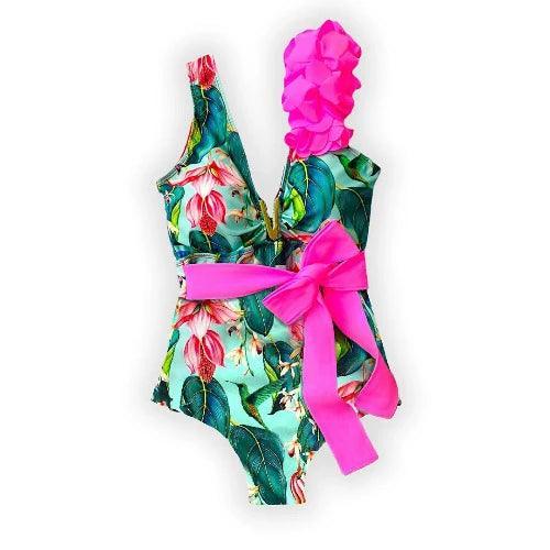 Ruffle Sleeve V Charm Floral One - Piece Bathing Suit - SHExFAB