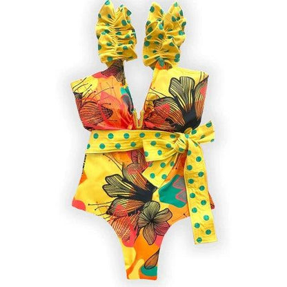 Ruffle Sleeve V Charm Floral One - Piece Bathing Suit - SHExFAB