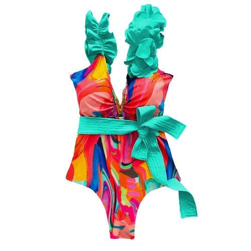 Ruffle Sleeve V Charm Floral One - Piece Bathing Suit - SHExFAB