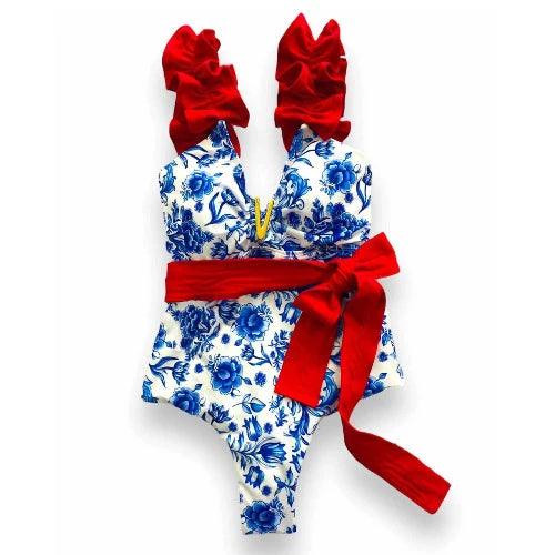 Ruffle Sleeve V Charm Floral One - Piece Bathing Suit - SHExFAB